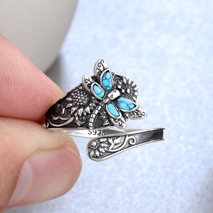 Stříbrný tyrkysový prsten vážka boho