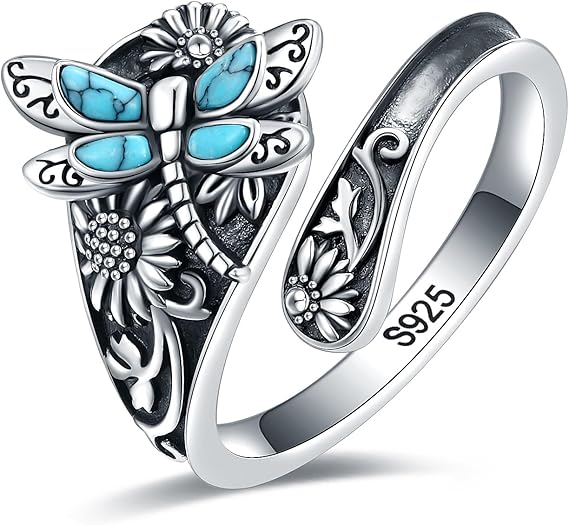 Stříbrný tyrkysový prsten vážka boho